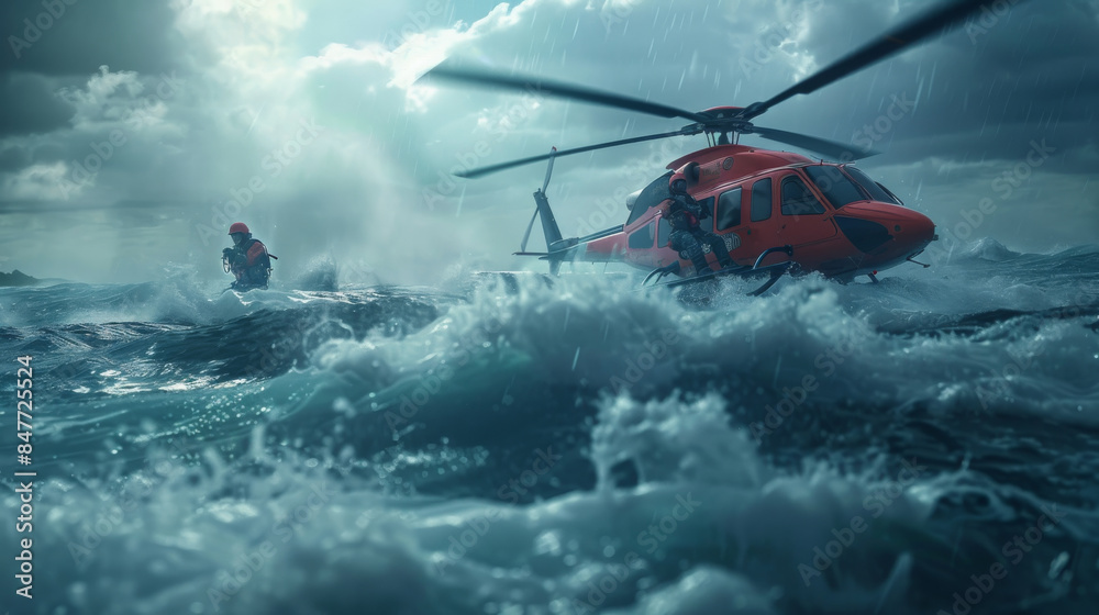 Obraz premium Dramatic rescue operation on turbulent seas with a helicopter crew highlights the bravery and intensity of life-saving missions.