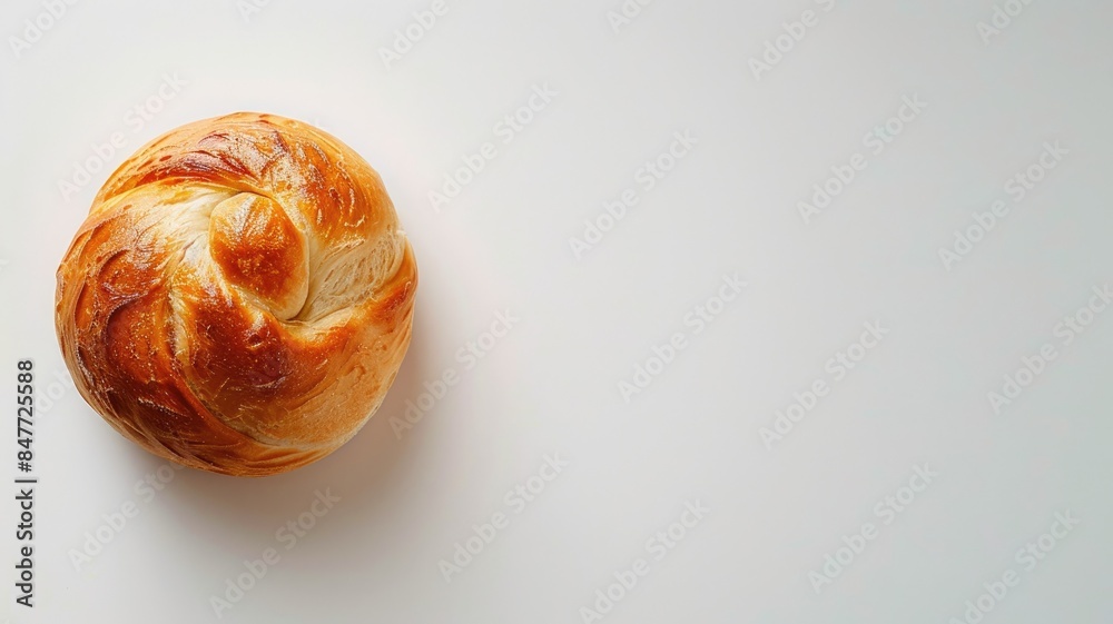 Golden-brown bun on a white background, positioned on the left side. Golden-brown bun on a white background, positioned on the left side.
