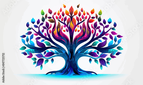 Tree of life with leaves, vector illustration of a colorful tree with roots logo type