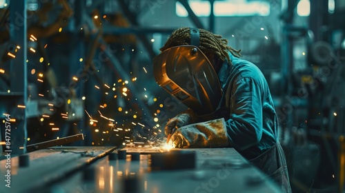 Skilled welder working in an industrial environment, creating sparks as metal pieces are fused together in a workshop photo