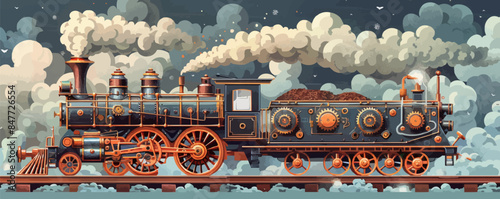 Automated steam-powered vehicle with copper wheels, gear wheels, and steam engines. Vector flat minimalistic isolated illustration.