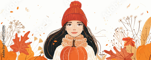Autumn illustration with a cute girl holding pumpkin. Cozy seasonal vector art with a beautiful young woman for fall, Thanksgiving holidays, Halloween. Vector flat minimalistic isolated illustration
