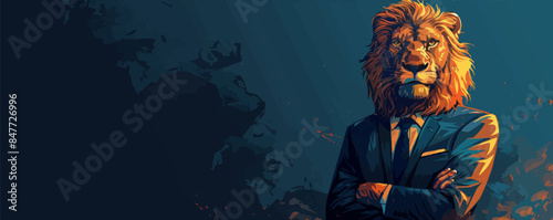 Business portrait of a lion man in a business suit on a dark background, the energy of a leader and leader, strength and confidence, the beast. vector simple illustration