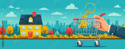 Buying house, new home. Mortgage concept. Investment in real estate, property. Hand holding a key with a ring, house in the shopping cart. Vector flat minimalistic isolated illustration