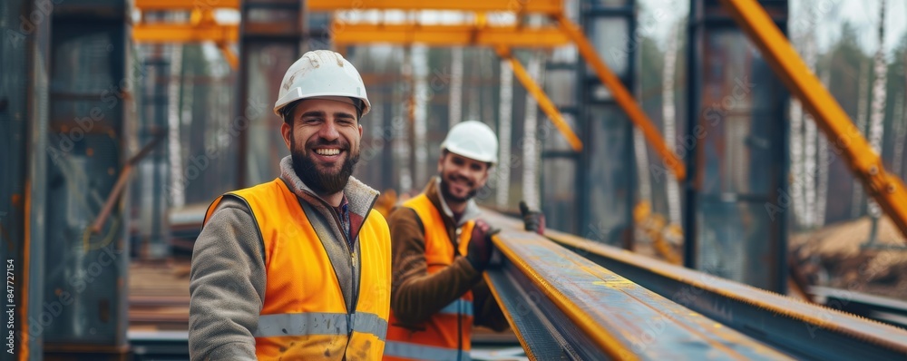 Working men walk outdoors on a construction site. Working men walk outdoors on a construction site.