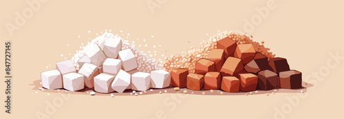 Cartoon white and brown sugar. Sweet ingredient for cooking, granulated powder and cube for baking, kitchen food product. Vector flat minimalistic isolated illustration