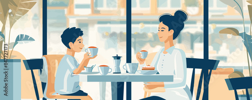 Cheerful mother and son eating breakfast in hotel restaurant. Vector flat minimalistic isolated illustration
