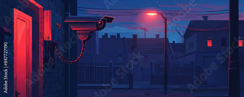 CCTV camera on the facade of the building, public safety of the urban environment, technology for surveillance at night on the street. vector simple illustration