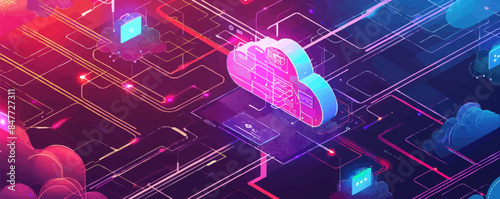 Cloud storage communication with computer. Hosting and data processing. Virtual development environment of programming software mobile, desktop computer platforms. vector simple illustration