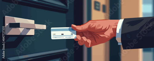 Close up of hotel guest entering a room with keycard. Vector flat minimalistic isolated illustration