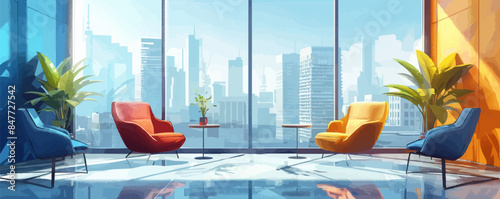 Contemporary light meeting room interior with furniture, window with city view and daylight. vector simple illustration