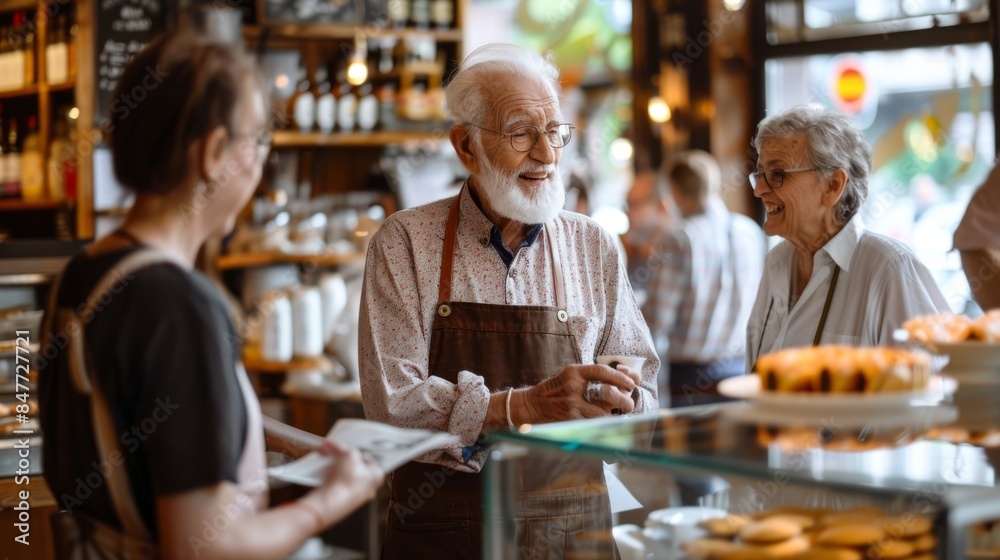 A senior man with a white beard serves coffee and pastries to a customer in a cafe A senior man with a white beard serves coffee and pastries to a customer in a cafe