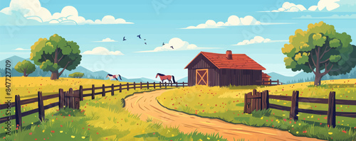 Cozy countryside stable with wooden fences, grooming brushes, and horses grazing in the pasture. Vector flat minimalistic isolated illustration.