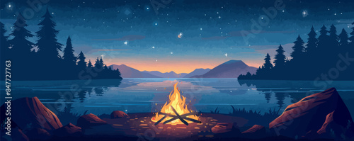 Cozy lakeside campfire with crackling flames, marshmallow roasting sticks, and a starry night sky overhead. Vector flat minimalistic isolated illustration.