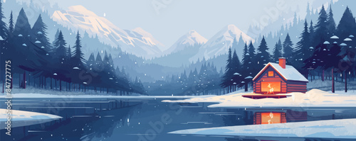 Cozy lakeside cabin with a roaring fireplace, surrounded by snow-covered pine trees. Vector flat minimalistic isolated illustration.