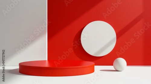 3d white geometric forms. Box podium in red colour. Fashion show stage,pedestal, shopfront with colorful theme. Minimal scene for product display.