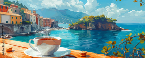 Cup of tea with dessert on background of picturesque Italian coast. vector simple illustration