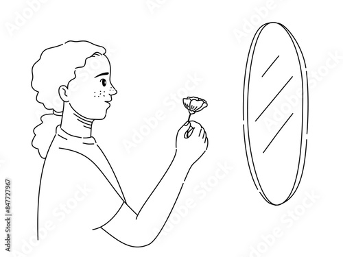 Hand drawn outline of a girl standing in front of the mirror and holding a flower in Self care concept.