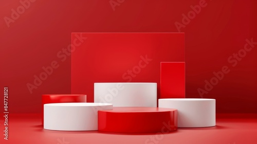 3d white geometric forms. Box podium in red colour. Fashion show stage,pedestal, shopfront with colorful theme. Minimal scene for product display.