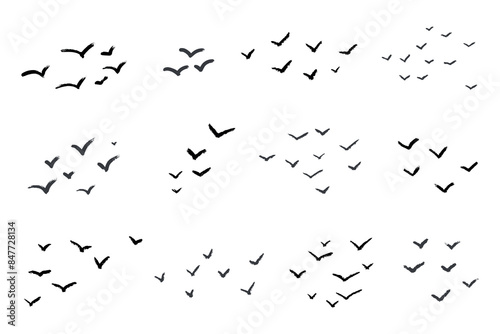 Grunge brush birds flying in the sky. Ink grunge flock of birds drawn with markers and crayons set