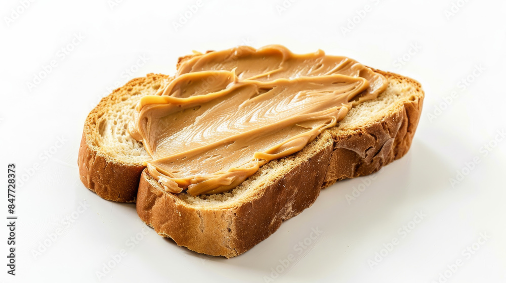 A slice of fresh bread generously spread with creamy peanut butter, placed against a simple white background.
