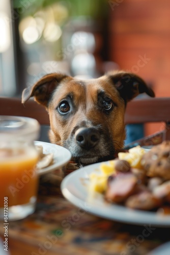 Adorable Dog Begging at Dinner Table with Plates of Food and Drink, Indoor Setting.