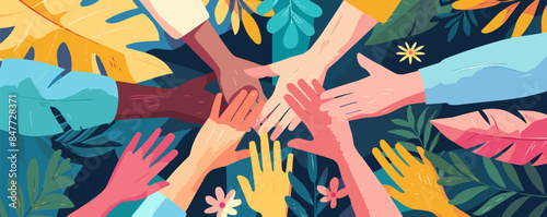 Diverse people putting palms of hands together. Concept of team, partnership, friendship. Diversity in business, cooperation between coworkers, teamwork. Vector flat minimalistic isolated