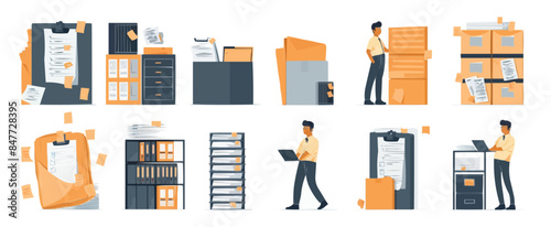 Document management, office paperwork, business papers collection. Agreement, contract, report. Set of illustrations on file check, verification, search, storage. Vector flat minimalistic isolated