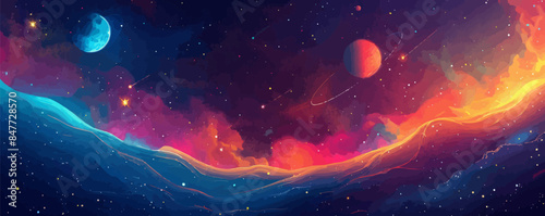 Dreamy celestial bridge spanning across a galaxy, connecting distant stars and planets. Vector flat minimalistic isolated illustration.