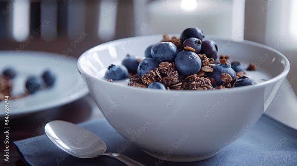 Chocolate granola with milk and blueberries for breakfast Chocolate granola with milk and blueberries for breakfast