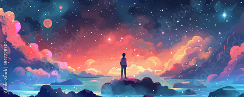 Dreamy celestial realm with floating islands, radiant stars, and celestial beings. Vector flat minimalistic isolated illustration.
