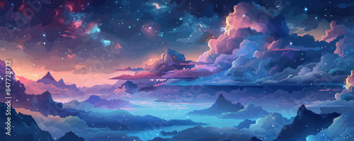 Dreamy celestial realm with floating islands, ethereal clouds, and shimmering starlight. Vector flat minimalistic isolated illustration.