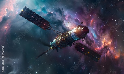 a stylized depiction of a telecommunication satellite against a cosmic background. the artwork in high-resolution formats suitable for printing and framing