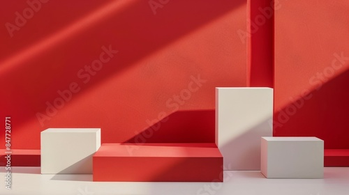 3d white geometric forms. Box podium in red colour. Fashion show stage,pedestal, shopfront with colorful theme. Minimal scene for product display.