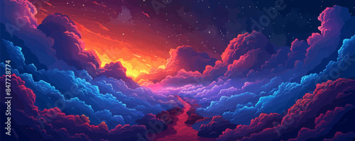Dreamy celestial pathway stretching across a star-studded sky, leading to unknown realms. Vector flat minimalistic isolated illustration.