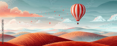 Dreamy hot air balloon ride over rolling hills and patchwork fields. Vector flat minimalistic isolated illustration.
