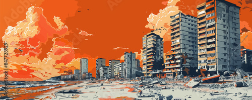 Earthquake aftermath in Turkey, Turkish victims, high-rise residential buildings. vector simple illustration