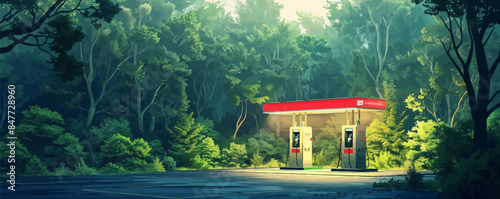 Electric filling station in the forest among green trees, art concept of eco green energy without harmful emissions into the atmosphere, the future. vector simple illustration