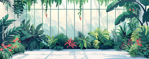 Enchanted garden conservatory filled with exotic plants, hanging vines, and whimsical sculptures. Vector flat minimalistic isolated illustration.