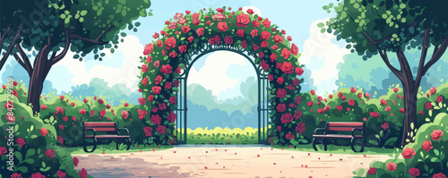 Enchanted garden arbor covered in blooming roses, with wrought iron benches and climbing vines. Vector flat minimalistic isolated illustration.