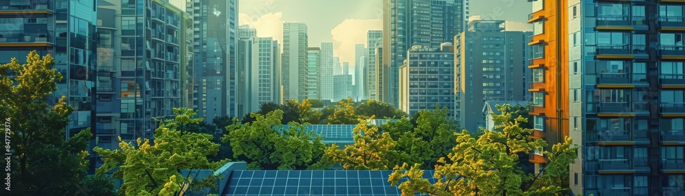 Sustainable cityscape with buildings featuring rooftop solar panels, emphasizing green energy and urban sustainability Sustainable cityscape with buildings featuring rooftop solar panels, emphasizing green energy and urban sustainability