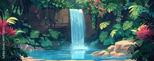 Enchanted waterfall cascading into a tranquil pool, surrounded by lush vegetation and hidden caves. Vector flat minimalistic isolated illustration.