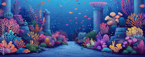Enchanting underwater palace with coral gardens and colorful marine life. Vector flat minimalistic isolated illustration.