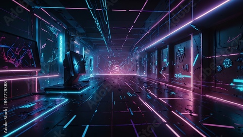gaming background graphic with sleek metallic textures and neon accents, evoking a futuristic and immersive gaming experience. Dynamic elements, swirling energy pulses digital landscapes