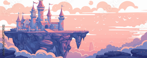 Fairy tale castle atop a rocky cliff, with turrets, battlements, and a drawbridge. Vector flat minimalistic isolated illustration.