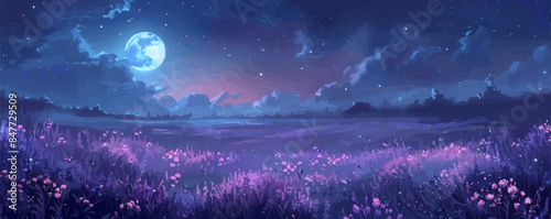 Fabulous purple flowers on the field in the moonlight in the clouds, glowing magical fern flowers, flowers, moon, lilac, night, fairy tale. vector simple illustration