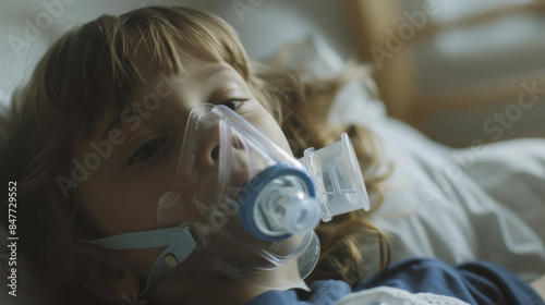 A child wears an oxygen mask while lying in bed, tender sunlight casting a warm glow through a nearby window, suggesting a restful, hopeful ambiance.