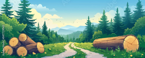 Fallen logs of trees from the forest lie on the road, transportation to the sawmill, green nature, fresh wood for construction, a path into the woods. vector simple illustration