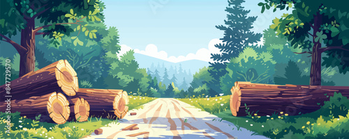 Fallen logs of trees from the forest lie on the road, transportation to the sawmill, green nature, fresh wood for construction, a path into the woods. vector simple illustration