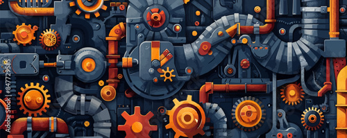 Fantastic mechanical labyrinth with gear wheels, steam engines, and hidden passages. Vector flat minimalistic isolated illustration.